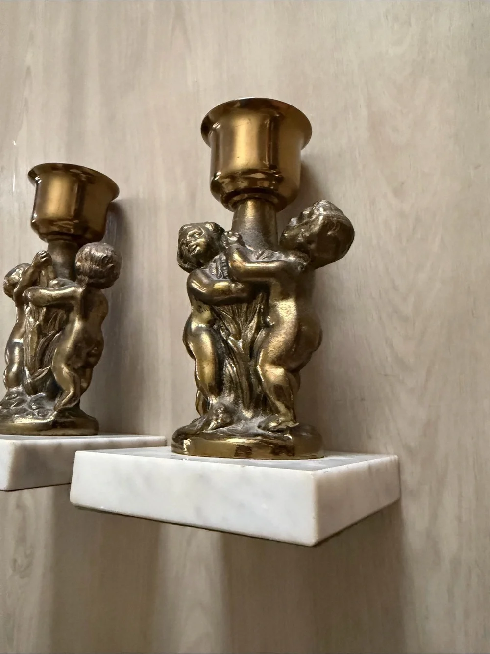 2 Cherub Gold Metal Candle Holder With Marble Base